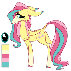 Size: 2000x2000 | Tagged: safe, artist:puppythekat (sofurry), imported from derpibooru, fluttershy, pegasus, pony, alternate universe, colored hooves, female, freckles, lanky, lidded eyes, looking back, mare, redesign, reference sheet, simple background, solo, transparent background