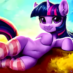 Size: 1082x1082 | Tagged: safe, imported from derpibooru, twilight sparkle, pony, unicorn, ai content, ai generated, belly, belly button, chubby, clothes, ear fluff, generator:purplesmart.ai, generator:stable diffusion, looking at you, lying down, on side, smiling, socks, solo, stockings, striped socks, the quality of ai art is frightening, thigh highs, unicorn twilight