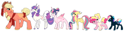 Size: 8000x2000 | Tagged: safe, artist:puppythekat (sofurry), imported from derpibooru, applejack, fluttershy, pinkie pie, rainbow dash, rarity, twilight sparkle, alicorn, classical unicorn, earth pony, pegasus, pony, unicorn, alternate universe, cloven hooves, colored hooves, dock, female, glasses, hair bun, hairband, hat, heterochromia, lanky, leonine tail, lidded eyes, line-up, looking back, mane six, mare, neckerchief, pigtails, redesign, reference sheet, short, simple background, smiling, tail, transparent background, twilight sparkle (alicorn), unshorn fetlocks