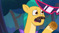 Size: 3072x1727 | Tagged: safe, imported from derpibooru, screencap, hitch trailblazer, earth pony, pony, spoiler:g5, spoiler:my little pony: tell your tale, spoiler:tyts01e31, fake moustache, g5, haunted house (episode), high res, male, my little pony: tell your tale, open mouth, solo, stallion, sunglasses, youtube link