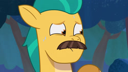 Size: 3072x1727 | Tagged: safe, imported from derpibooru, screencap, hitch trailblazer, earth pony, pony, spoiler:g5, spoiler:my little pony: tell your tale, spoiler:tyts01e31, fake moustache, g5, haunted house (episode), high res, male, my little pony: tell your tale, nervous sweat, solo, stallion, youtube link
