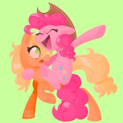 Size: 4000x4000 | Tagged: safe, artist:pastacrylic, imported from derpibooru, applejack, pinkie pie, earth pony, pony, applepie, female, green background, lesbian, shipping, simple background