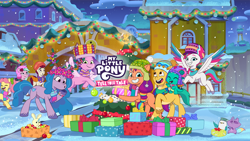 Size: 2048x1152 | Tagged: safe, imported from derpibooru, hitch trailblazer, izzy moonbow, pipp petals, sunny starscout, zipp storm, bird, dragon, earth pony, pegasus, pony, rabbit, raccoon, seagull, unicorn, bauble, beanie, bunnycorn, christmas, christmas lights, christmas tree, clothes, dahlia, female, flower, flower in hair, g5, hat, hearth's warming, holiday, kenneth, looking at you, male, mane five (g5), mare, maretime bay, my little pony logo, my little pony: tell your tale, official, posey bloom, present, raccoonicorn, rocky riff, scarf, snow, snowfall, sparky sparkeroni, stallion, tree, winter, winter outfit, youtube banner