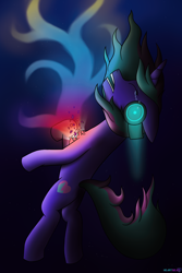 Size: 1800x2700 | Tagged: safe, imported from derpibooru, oc, pony, unicorn, broken, colorful, colors, crying, dark, dark background, dramatic, dramatic lighting, dramatic pose, emotional, headphones, magic, shattered, solo, space, starry background, stars