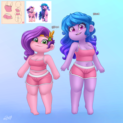 Size: 2600x2600 | Tagged: safe, artist:rivin177, imported from derpibooru, izzy moonbow, pipp petals, human, pegasus, pony, unicorn, equestria girls, spoiler:g5, belly button, breasts, chubby, clothes, duo, duo female, equestria girls-ified, feet, female, g5, g5 to equestria girls, generation leap, hand, height difference, outfit, pants, pipp is chubby, pipp is short, plump, reference, short pants, shortstack, simple background, smug, standing, tanktop