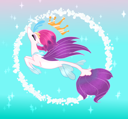 Size: 1500x1400 | Tagged: safe, artist:miyalaflordorada, imported from derpibooru, queen novo, seapony (g4), my little pony: the movie, blue background, collar, colored pupils, crown, dorsal fin, eyelashes, eyes closed, female, fin wings, fins, fish tail, flowing tail, jewelry, looking up, ocean, pink mane, purple wings, queen, regalia, simple background, solo, sparkles, swimming, tail, underwater, water, wings