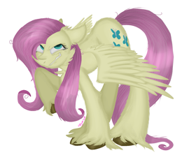 Size: 1349x1184 | Tagged: safe, artist:4agonism, imported from derpibooru, part of a set, fluttershy, mean fluttershy, pegasus, pony, the mean 6, ass up, bags under eyes, cheek fluff, chest fluff, clone, colored hooves, ear fluff, ears back, elbow fluff, evil grin, female, floppy ears, full body, grin, long tail, looking at you, mare, messy mane, raised hoof, smiling, solo, spread wings, tail, unshorn fetlocks, wavy mouth, wings, wings down