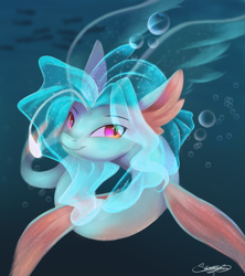 Size: 1643x1853 | Tagged: safe, artist:sketchiix3, imported from derpibooru, oc, oc only, fish, hybrid, merpony, sea pony, seapony (g4), blue background, blue mane, bubble, cute, digital art, female, fin wings, fins, fish tail, glowing, looking at you, mare, ocean, pink eyes, signature, simple background, smiling, smiling at you, solo, swimming, tail, underwater, water, wings