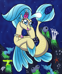Size: 1829x2162 | Tagged: safe, artist:heartshielder1991, imported from derpibooru, princess skystar, seapony (g4), starfish, my little pony: the movie, bioluminescent, blue eyes, bubble, coral, cute, digital art, dorsal fin, eyelashes, female, fin wings, fins, fish tail, flower, flower in hair, flowing mane, freckles, glowing, jewelry, looking at you, necklace, ocean, open mouth, pearl necklace, reef, seashell, seashell necklace, seaweed, shell, smiling, smiling at you, solo, swimming, tail, underwater, water, wings