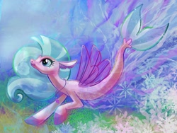 Size: 2224x1668 | Tagged: safe, artist:catscratchpaper, imported from derpibooru, silverstream, seapony (g4), abstract background, blue mane, coral, female, fin wings, fins, fish tail, flowing mane, flowing tail, jewelry, necklace, ocean, seapony silverstream, seashell necklace, seaweed, smiling, solo, swimming, tail, underwater, water, wings