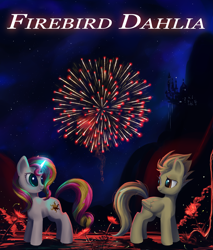 Size: 3917x4595 | Tagged: safe, artist:bluest-ayemel, imported from derpibooru, spitfire, sunset shimmer, pegasus, pony, unicorn, canterlot, fanfic, fanfic art, fanfic cover, female, fireworks, flower, siblings, sisters