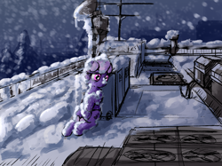 Size: 2000x1494 | Tagged: safe, artist:uteuk, imported from derpibooru, oc, oc only, oc:natrix capefiv, earth pony, pony, alone, antenna, cold, depressed, female, mare, rooftop, sitting, sketch, snow, snowfall, solo