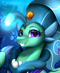 Size: 1446x1764 | Tagged: safe, artist:pridark, imported from derpibooru, oc, oc only, oc:princess sealight, seapony (g4), beautiful, bioluminescent, blue background, blue mane, bubble, bust, commission, coral, crepuscular rays, cute, digital art, eye reflection, eyelashes, female, fin wings, fins, flowing mane, glowing, high res, jewelry, lidded eyes, looking at you, necklace, ocean, pearl necklace, portrait, purple eyes, reflection, seashell, simple background, smiling, smiling at you, solo, sunlight, teeth, underwater, water, wings