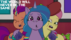Size: 1920x1080 | Tagged: safe, edit, edited screencap, editor:quoterific, imported from derpibooru, screencap, izzy moonbow, sunny starscout, earth pony, pony, unicorn, spoiler:g5, spoiler:my little pony: tell your tale, spoiler:tyts01e34, female, g5, mare, my little pony: tell your tale, posey bloom, sneaksy strikes again