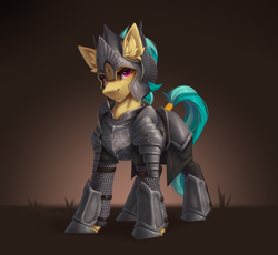 Size: 3224x2968 | Tagged: safe, artist:dorkmark, imported from derpibooru, oc, oc only, oc:karoline skies, earth pony, pony, armor, armored pony, chainmail, female, frown, helmet, looking at you, lord of the rings, mare, simple background, solo