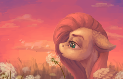 Size: 1222x781 | Tagged: safe, artist:violet-era, imported from derpibooru, fluttershy, pegasus, 2018, bust, cloud, comparison, dandelion, draw this again, floppy ears, portrait, profile, redraw, sunset