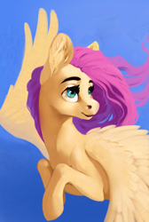 Size: 724x1080 | Tagged: safe, artist:28gooddays, imported from derpibooru, fluttershy, pegasus, pony, bust, ear fluff, eyebrows, female, flying, gradient background, looking away, looking up, mare, open mouth, smiling, solo, spread wings, three quarter view, turned head, windswept mane, wings