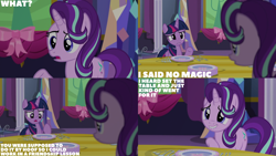 Size: 4400x2475 | Tagged: safe, edit, edited screencap, editor:quoterific, imported from derpibooru, screencap, starlight glimmer, twilight sparkle, alicorn, pony, unicorn, no second prances, duo, duo female, female, fork, grin, knife, mare, nervous, nervous grin, oh, open mouth, plate, smiling, spoon, twilight sparkle (alicorn), twilight's castle