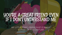 Size: 1920x1080 | Tagged: safe, edit, edited screencap, editor:quoterific, imported from derpibooru, screencap, pinkie pie, earth pony, pony, swarm of the century, female, grin, guitar, harmonica, looking back, mare, musical instrument, one-man band, one-mare band, one-pony band, smiling, solo, tuba
