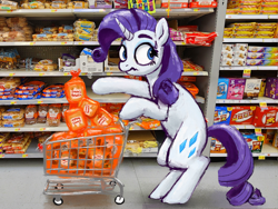 Size: 2720x2048 | Tagged: safe, artist:phutashi, imported from derpibooru, rarity, pony, unicorn, bipedal, bipedal leaning, bread, female, food, grocery store, high res, irl, leaning, looking around, mare, nervous, photo, ponies in real life, rolls, shopping, shopping cart, solo