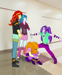 Size: 1922x2298 | Tagged: safe, artist:daazzlin, imported from derpibooru, adagio dazzle, aria blaze, sonata dusk, sunset shimmer, human, equestria girls, abuse, adagiabuse, arms spread out, asserting dominance, bully, bullying, dominance, female, fetal position, hallway, high res, meme, photoshop, ponified meme, surrounded, t pose, the dazzlings