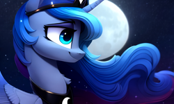 Size: 2560x1536 | Tagged: safe, artist:darbarri, imported from derpibooru, princess luna, alicorn, pony, ai assisted, ai content, close-up, cute, folded wings, generator:stable diffusion, moon, night, smiling, smirk, solo, stars, wallpaper, wings