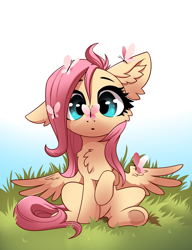 Size: 1600x2080 | Tagged: safe, artist:28gooddays, imported from derpibooru, fluttershy, butterfly, pegasus, pony, :o, butterfly on nose, cheek fluff, chest fluff, cloud, cute, ear fluff, female, full body, grass, insect on nose, looking at something, mare, one ear down, open mouth, raised hoof, shyabetes, sitting, sky, solo, spread wings, underhoof, wings