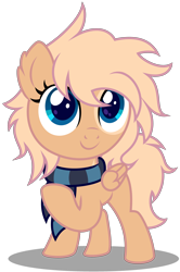 Size: 2420x3640 | Tagged: safe, artist:strategypony, imported from derpibooru, oc, oc only, oc:mirta whoowlms, pegasus, pony, accessory, clothes, cute, ear fluff, female, filly, foal, looking up, pegasus oc, raised hoof, scarf, simple background, solo, striped scarf, transparent background, wings