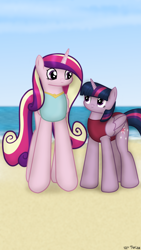 Size: 1080x1920 | Tagged: safe, artist:99999999000, imported from derpibooru, princess cadance, twilight sparkle, alicorn, pony, beach, clothes, duo, duo female, female, folded wings, mare, missing accessory, one-piece swimsuit, requested art, swimsuit, twilight sparkle (alicorn), wings