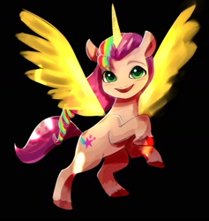 Size: 1548x1632 | Tagged: safe, artist:plusplus_pony, imported from derpibooru, sunny starscout, alicorn, earth pony, pony, alicornified, artificial horn, artificial wings, augmented, female, g5, horn, looking at you, magic, magic horn, magic wings, mare, my little pony: a new generation, open mouth, open smile, race swap, smiling, smiling at you, solo, spread wings, sunnycorn, wings