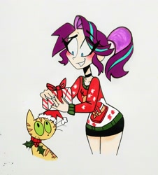Size: 2501x2766 | Tagged: safe, artist:citi, imported from derpibooru, starlight glimmer, cat, human, blushing, christmas, christmas sweater, clothes, collar, grin, hat, holiday, holly, humanized, present, santa hat, smiling, sweater