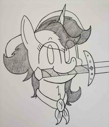 Size: 750x875 | Tagged: safe, artist:spoopygirl, imported from derpibooru, pony, unicorn, lineart, mouth hold, shading, sword, traditional art, weapon