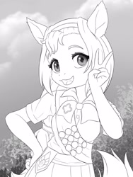 Size: 1200x1600 | Tagged: safe, artist:symbianl, imported from derpibooru, sunny starscout, anthro, earth pony, female, filly guides, g5, girl scout uniform, grayscale, hand on hip, looking at you, monochrome, open mouth, open smile, peace sign, smiling, solo