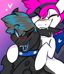 Size: 1400x1600 | Tagged: safe, artist:kardevour, imported from derpibooru, oc, oc only, oc:lance, oc:spatium ventus, bat pony, changeling, pony, biting, blushing, collar, ear bite, eyes closed, multicolored hair, one eye closed, open mouth, open smile, smiling