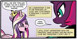 Size: 1334x671 | Tagged: safe, artist:andypriceart, idw, imported from derpibooru, princess cadance, tempest shadow, alicorn, pony, unicorn, spoiler:comic, spoiler:comic67, dialogue, duo, female, g4, mare, monologue, speech bubble, talking, tempest's tale