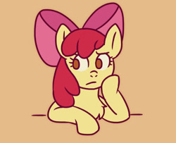 Size: 589x478 | Tagged: safe, artist:memethyst-art, imported from derpibooru, apple bloom, earth pony, pony, chest fluff, female, filly, foal, frown, hoof on cheek, simple background, solo