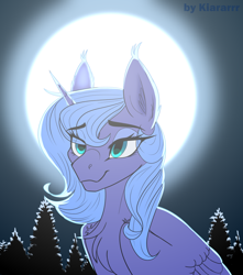 Size: 1150x1300 | Tagged: safe, artist:kiararrr, imported from derpibooru, princess luna, alicorn, pony, bust, forest, moon, portrait, smiling, solo, young luna