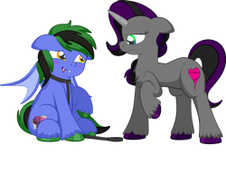 Size: 1920x1485 | Tagged: safe, artist:alexdti, imported from derpibooru, oc, oc only, bat pony, pony, unicorn, bat pony oc, bat wings, blushing, chest fluff, collar, duo, ears back, fangs, full body, hooves, horn, leash, lidded eyes, looking at each other, looking at someone, narrowed eyes, open mouth, open smile, partially open wings, raised hoof, simple background, sitting, smiling, standing, tail, transparent background, two toned mane, two toned tail, unicorn oc, unshorn fetlocks, wings