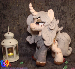 Size: 2506x2304 | Tagged: safe, artist:1stastrastudio, imported from derpibooru, oc, oc only, pony, unicorn, clothes, commission, curved horn, horn, irl, lantern, photo, plushie, scar, shirt, solo, unshorn fetlocks