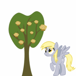 Size: 1000x1000 | Tagged: safe, derpibooru exclusive, imported from derpibooru, derpy hooves, pegasus, pony, animated, cross-eyed, exploitable meme, food, fuck physics, funny, g4, gif, impossibly long neck, long neck, meme, muffin, necc, neck, nope.avi, raised hoof, show accurate, simple background, tree, white background