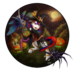 Size: 3120x2936 | Tagged: safe, artist:xsadi, imported from derpibooru, magic hat, oc, oc:snowi, butterfly, insect, moth, spider, blue mane, candle, candy, clothes, costume, female, food, grass, green light, halloween, halloween costume, hat, holiday, mare, moon, night, pet, pets, pumpkin, red eyes, red mane, sweets, white pony