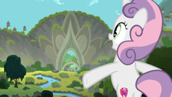 Size: 1920x1080 | Tagged: safe, imported from derpibooru, screencap, sweetie belle, pony, unicorn, season 8, surf and/or turf, spoiler:s08, 1080p, arms wide open, bipedal, butt, female, filly, foal, harmonizing heights, open mouth, open smile, plot, smiling, solo