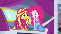 Size: 1920x1080 | Tagged: safe, imported from derpibooru, screencap, pinkie pie, sunset shimmer, human, equestria girls, equestria girls series, sunset's backstage pass!, spoiler:eqg series (season 2), barefoot, clothes, feet, nightgown, one leg raised, out of context, pajamas