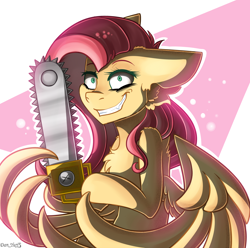 Size: 2580x2555 | Tagged: safe, artist:yuris, imported from derpibooru, fluttershy, pegasus, pony, .mov, shed.mov, chainsaw, crazy smile, ears back, female, fluttershed, grin, pony.mov, scene interpretation, simple background, smiling, solo, spread wings, wings