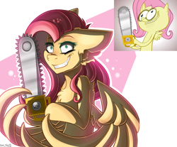 Size: 3080x2555 | Tagged: safe, alternate version, artist:hotdiggedydemon, artist:yuris, imported from derpibooru, fluttershy, pegasus, pony, .mov, shed.mov, chainsaw, crazy smile, ears back, female, grin, pony.mov, screencap reference, simple background, smiling, solo, spread wings, wings