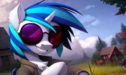 Size: 1280x768 | Tagged: safe, artist:darbarri, derpibooru exclusive, imported from derpibooru, dj pon-3, vinyl scratch, semi-anthro, unicorn, ai assisted, ai content, clothes, detailed background, female, generator:stable diffusion, glasses, jacket, mare, smiling, sunglasses, wallpaper