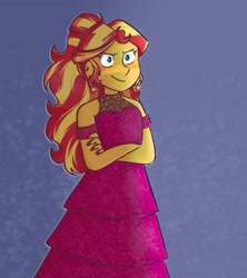 Size: 1822x2048 | Tagged: safe, artist:sunsetslight, imported from derpibooru, sunset shimmer, human, equestria girls, blushing, clothes, crossed arms, dress, ear piercing, earring, fall formal, jewelry, nail polish, piercing, ponytail, solo