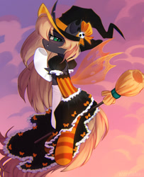 Size: 1280x1580 | Tagged: safe, artist:astralblues, imported from derpibooru, oc, oc only, changeling, broom, clothes, female, flying, flying broomstick, hat, socks, solo, striped socks, witch hat