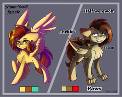 Size: 2400x1900 | Tagged: safe, artist:yuris, imported from derpibooru, oc, oc only, oc:yuris, pegasus, pony, werewolf, ears, fangs, female, folded wings, freckles, grin, paws, red eyes, reference, simple background, smiling, solo, spread wings, wings