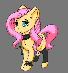Size: 1527x1640 | Tagged: safe, artist:shaliwolf, imported from derpibooru, fluttershy, pegasus, pony, chest fluff, choker, clothes, ear piercing, female, folded wings, gray background, heart, heart eyes, leg warmers, looking at you, mare, piercing, simple background, smiling, smiling at you, socks, solo, spiked wristband, standing, three quarter view, wingding eyes, wings, wristband